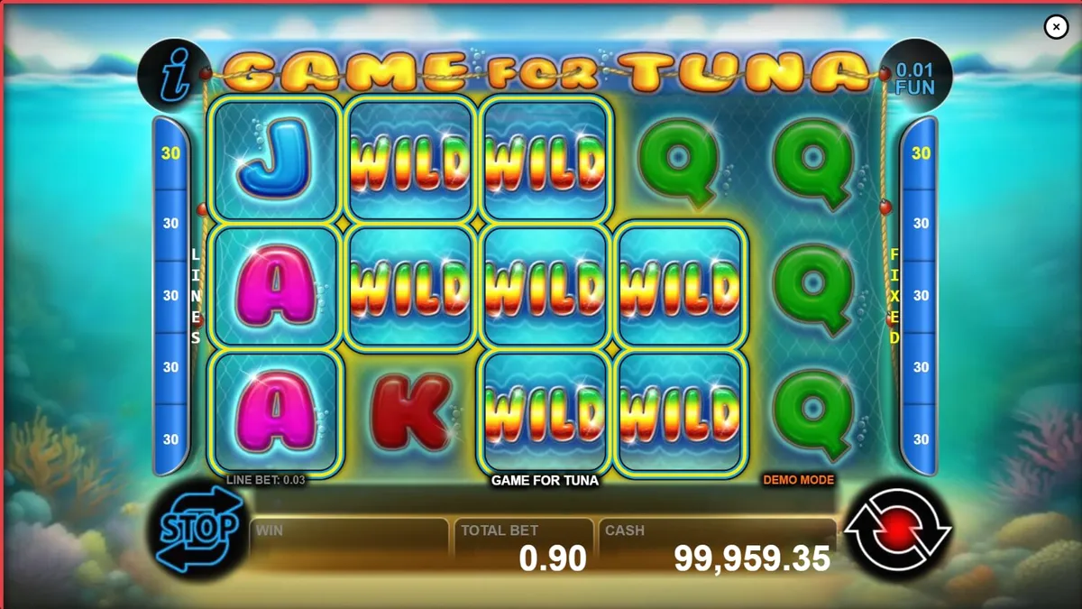 Interface do jogo de caça-níqueis Game For Tuna com tema de pesca submarina