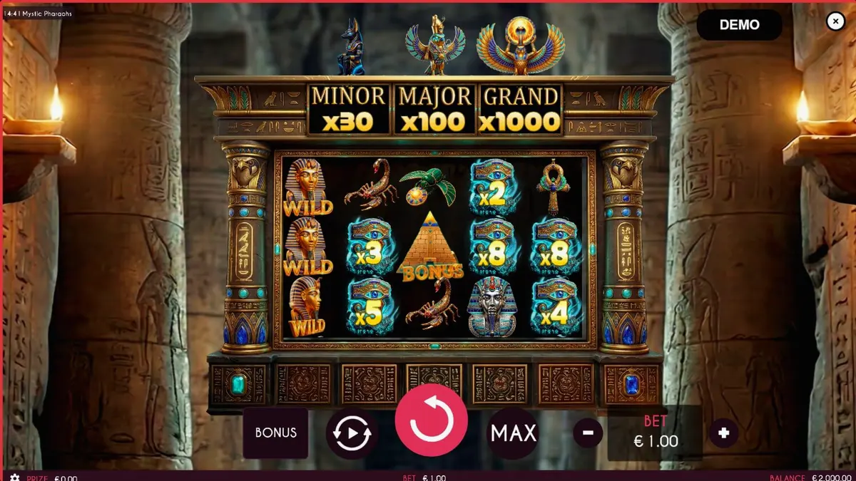Interface do jogo de slot Mystic Pharaoh com símbolos egípcios e hieróglifos